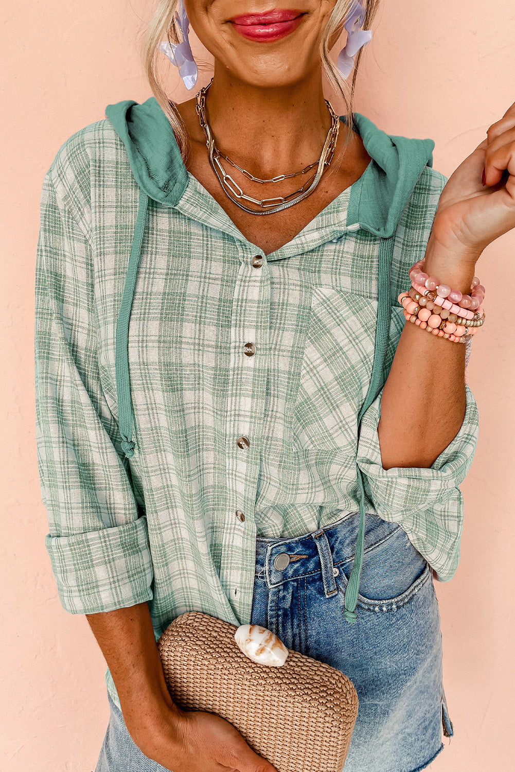 Black Checkered Print Loose Fit Buttoned Hooded Shacket