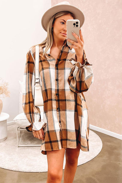 Khaki Plaid Pattern Collared Neck Ruffled Sleeve Shirt Dress - L & M Kee, LLC