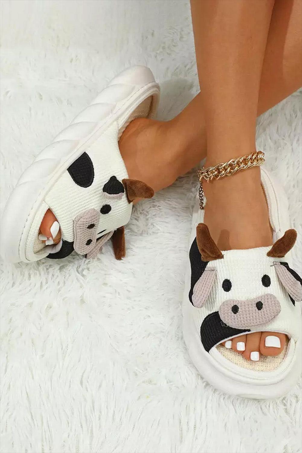 Bright White Cute Cow Pattern Open Toe Slippers - L & M Kee, LLC
