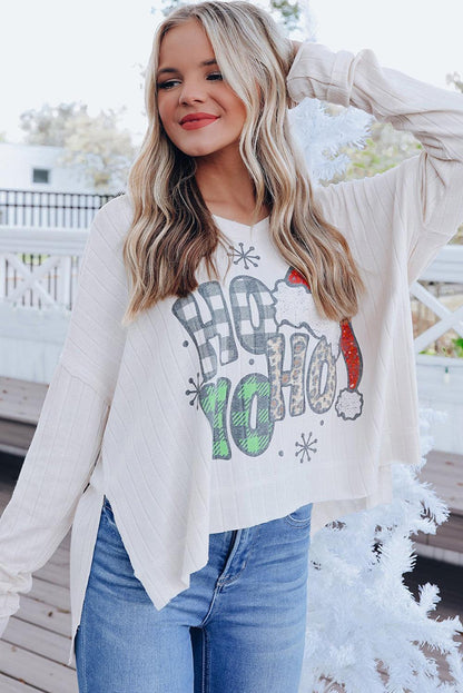 White HOHOHO Christmas Graphic Wide Rib Long Sleeve Top - L & M Kee, LLC