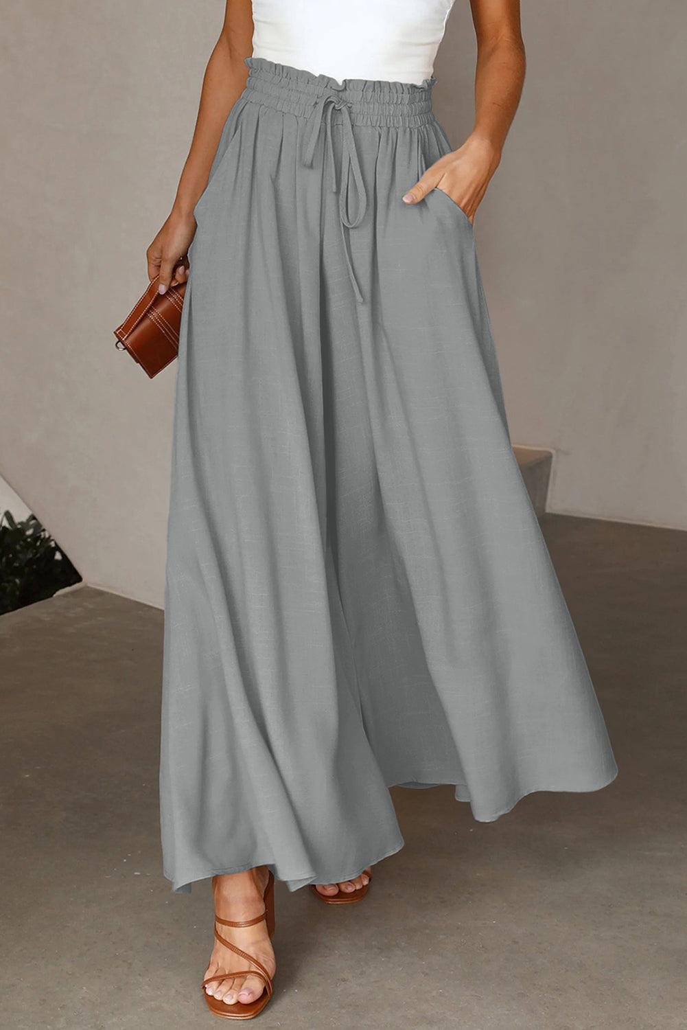 Gray Drawstring Smocked High Waist Wide Leg Pants - L & M Kee, LLC