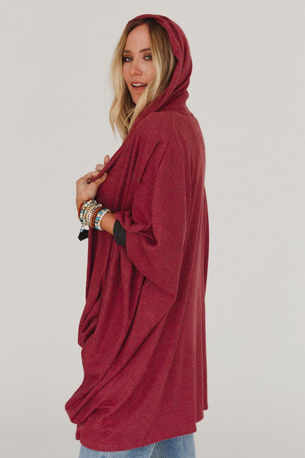 Red Bracelet Sleeve Pocketed Open Front Hooded Cardigan - L & M Kee, LLC