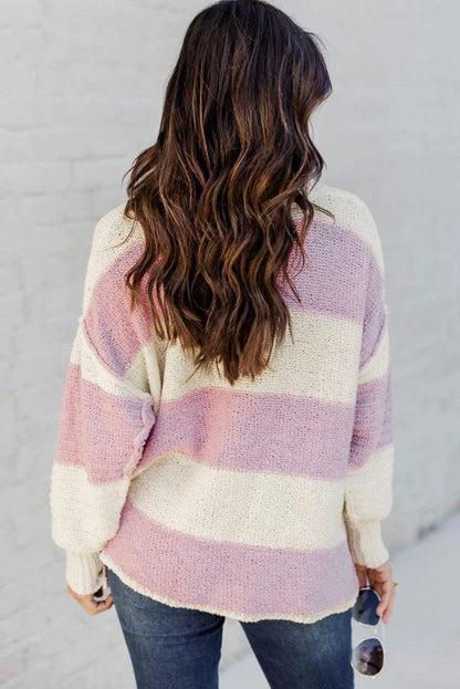 Striped Knit Button Ribbed Split Neck Sweater - L & M Kee, LLC