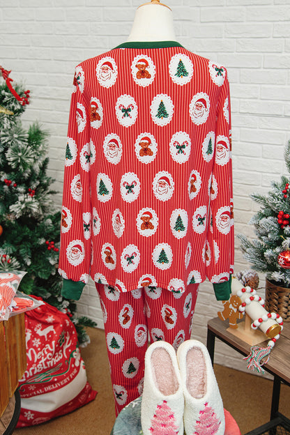 Red Stripe Christmas Fashion Print Henley V Neck Pullover and Jogger Pants 2 Piece Lounge Set