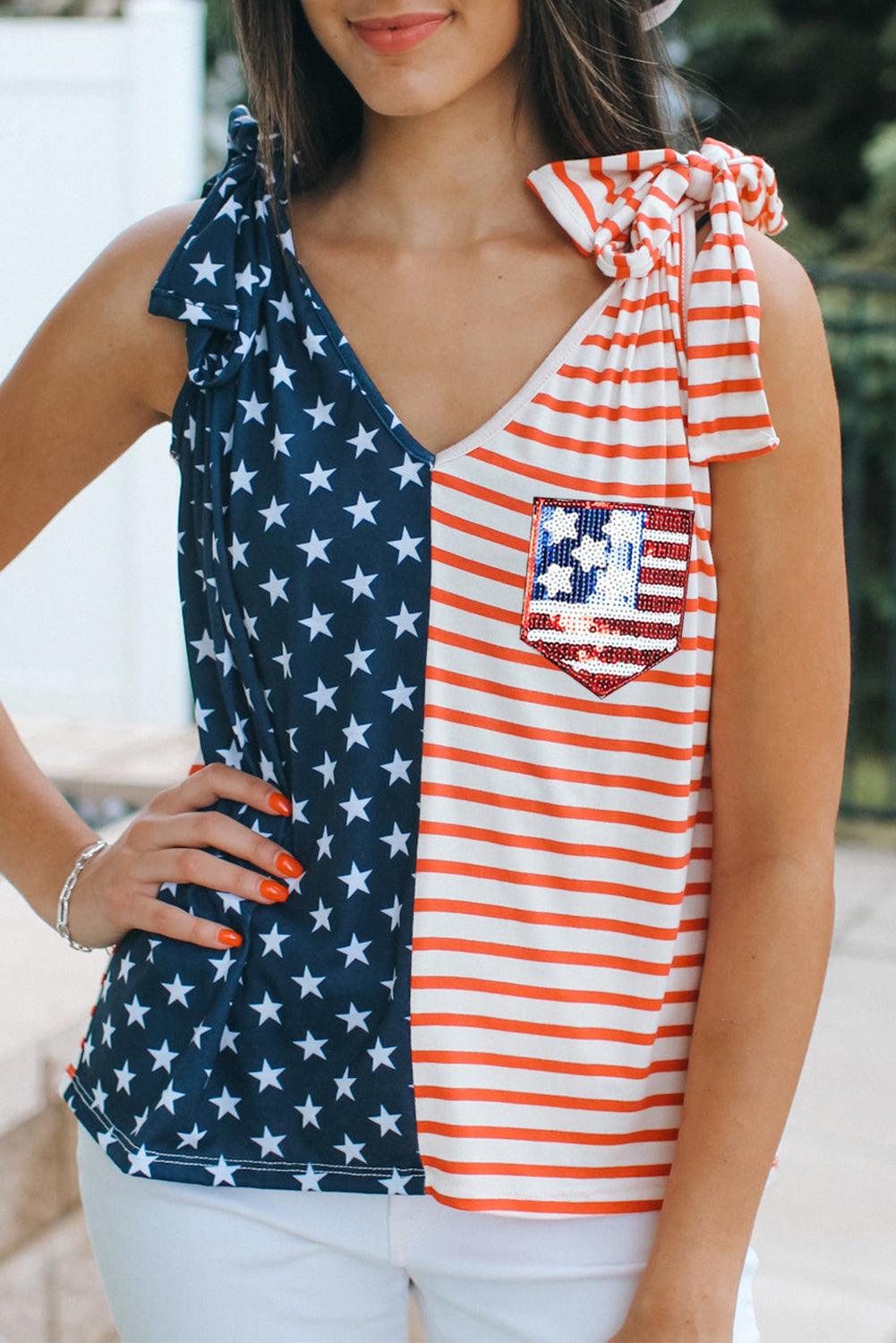 Red American Flag Sequin Patched Tie Shoulder Tank Top - L & M Kee, LLC