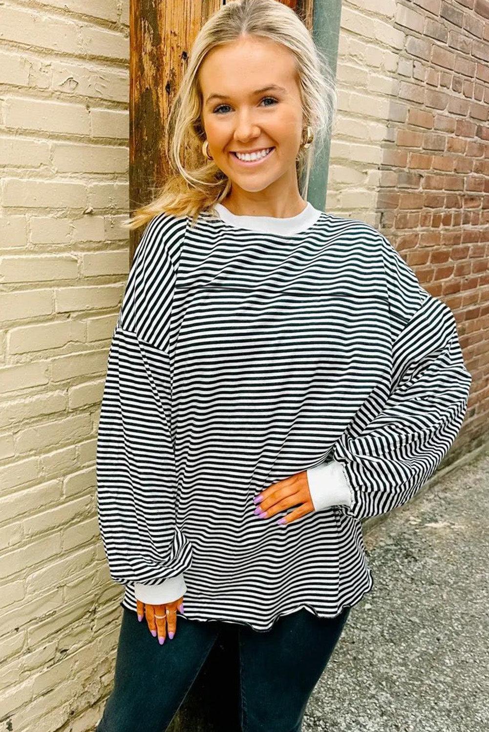 Striped Print Drop Shoulder Loose Sweatshirt - L & M Kee, LLC