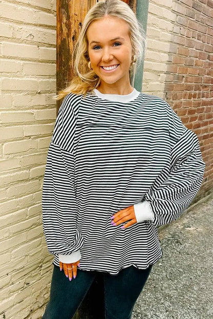 Striped Print Drop Shoulder Loose Sweatshirt - L & M Kee, LLC