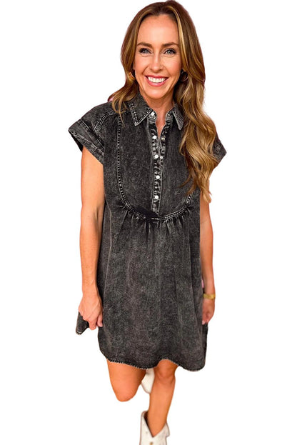 Black Acid Wash Button Front Collared Short Sleeve Denim Dress - L & M Kee, LLC