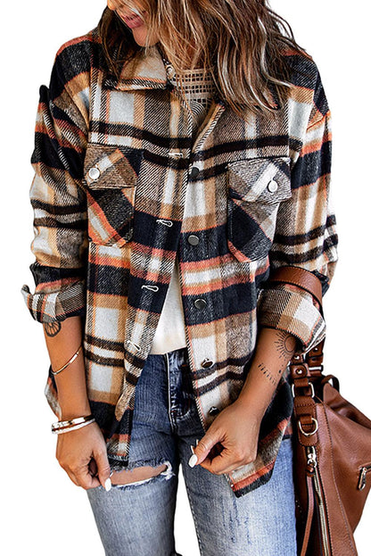 Geometric Plaid Print Pocketed Shacket - L & M Kee, LLC