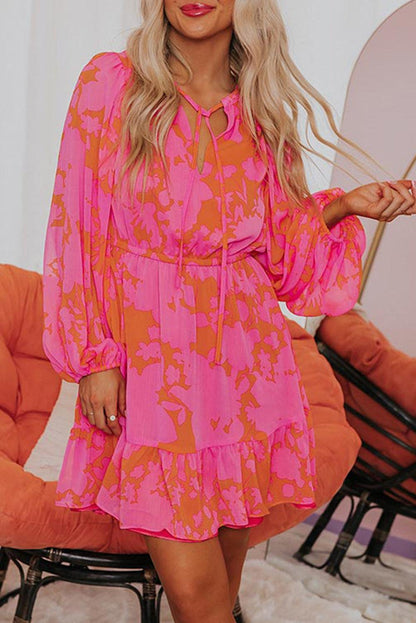 Rose Abstract Printed Puff Sleeve Ruffle Flowy Dress - L & M Kee, LLC