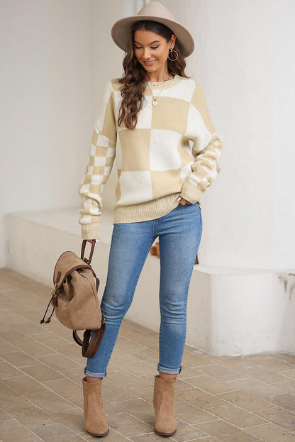 Mint Green Checkered Print Drop Shoulder Sweater - L & M Kee, LLC