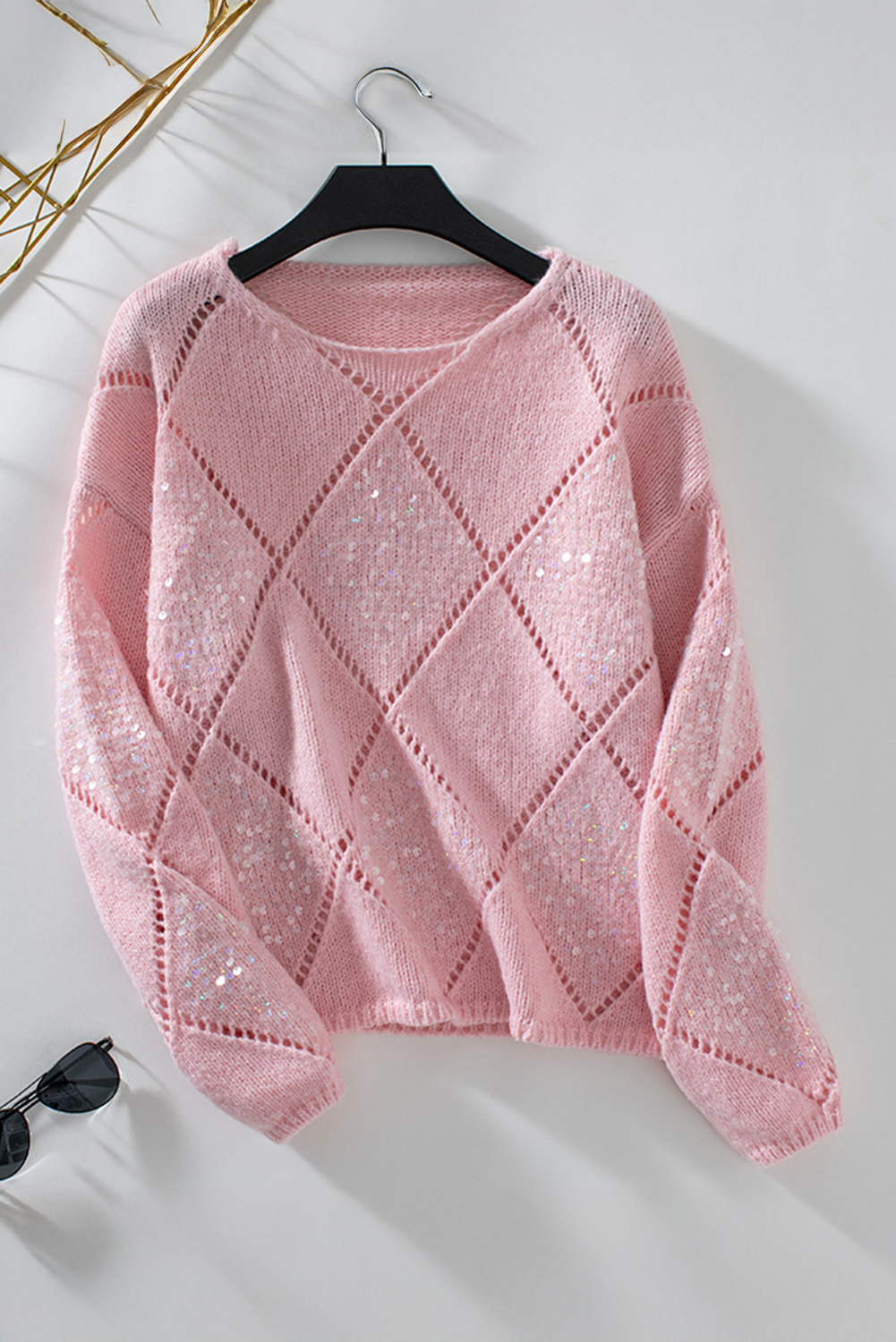 Light Pink Hollowed Rhombus Pattern Sequin Detail Round Neck Sweater