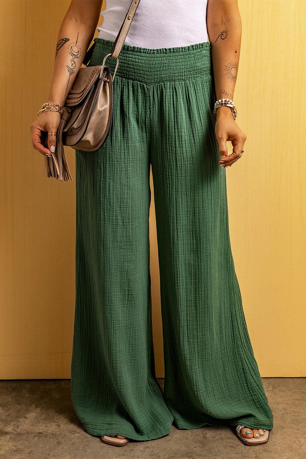 Green Smocked Waist Crinkled Wide Leg Pants - L & M Kee, LLC