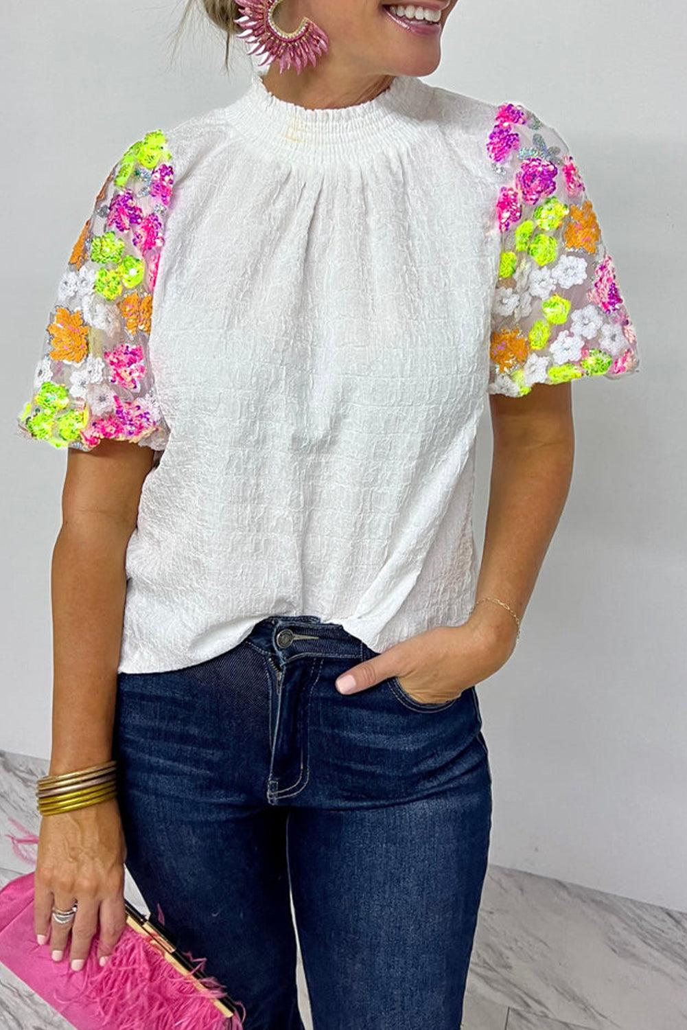 White Smocked Collar Sequin Flower Puff Sleeve Textured Top - L & M Kee, LLC