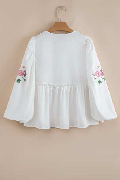 White Flower Lace-up V Neck Babydoll Blouse