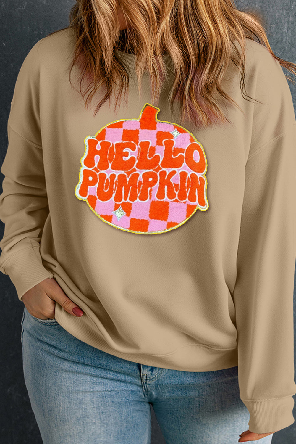 Apricot Plus Hello Pumpkin Pattern Drop Shoulder Halloween Sweatshirt