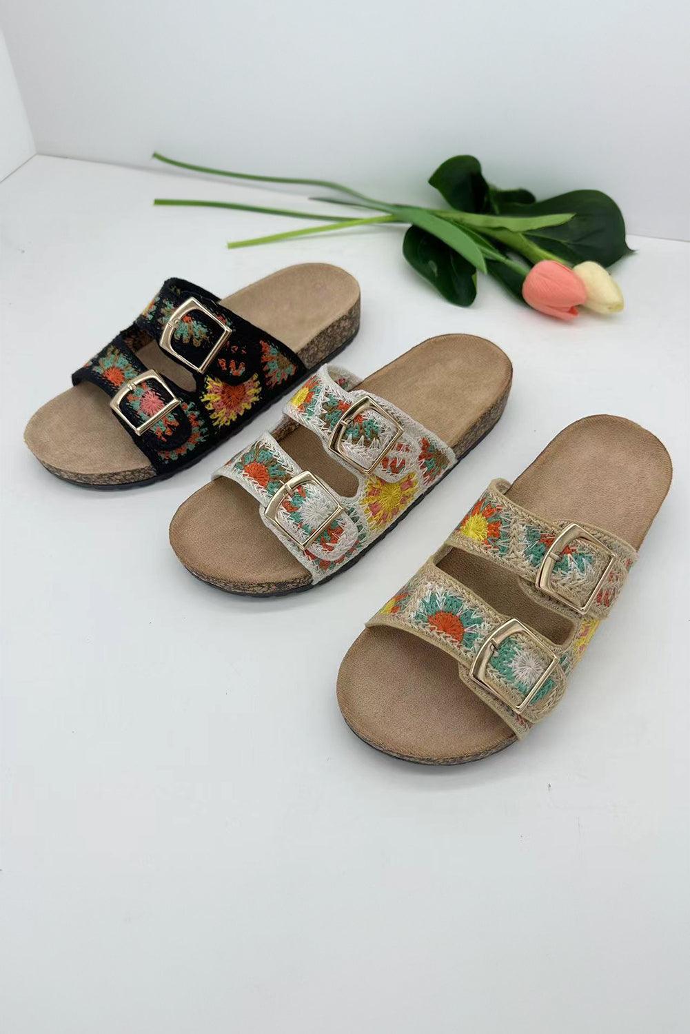 Beige Woven Sunflower Buckle Strap Slippers - L & M Kee, LLC