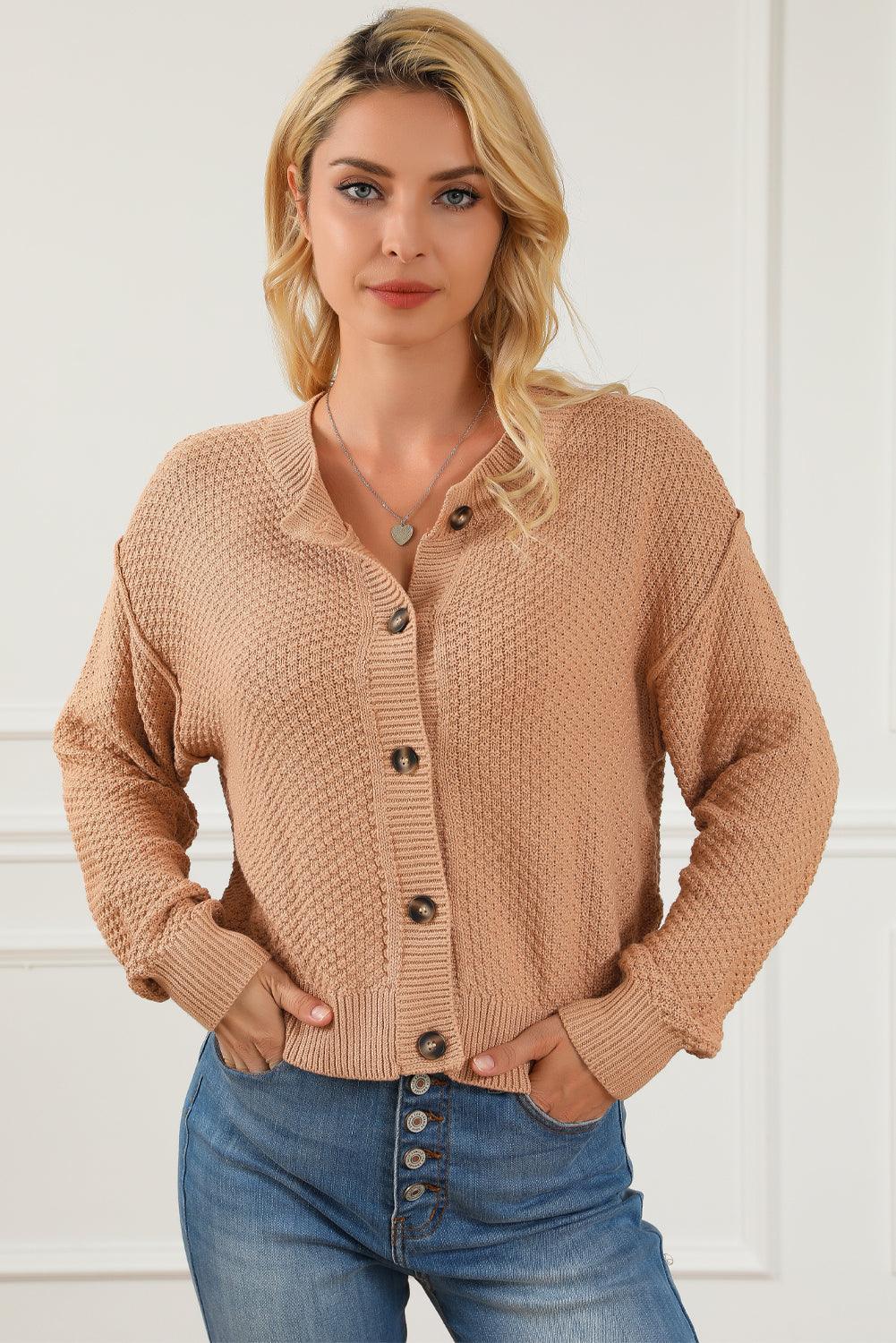 Khaki Button Front Drop Shoulder Knitted Cardigan - L & M Kee, LLC