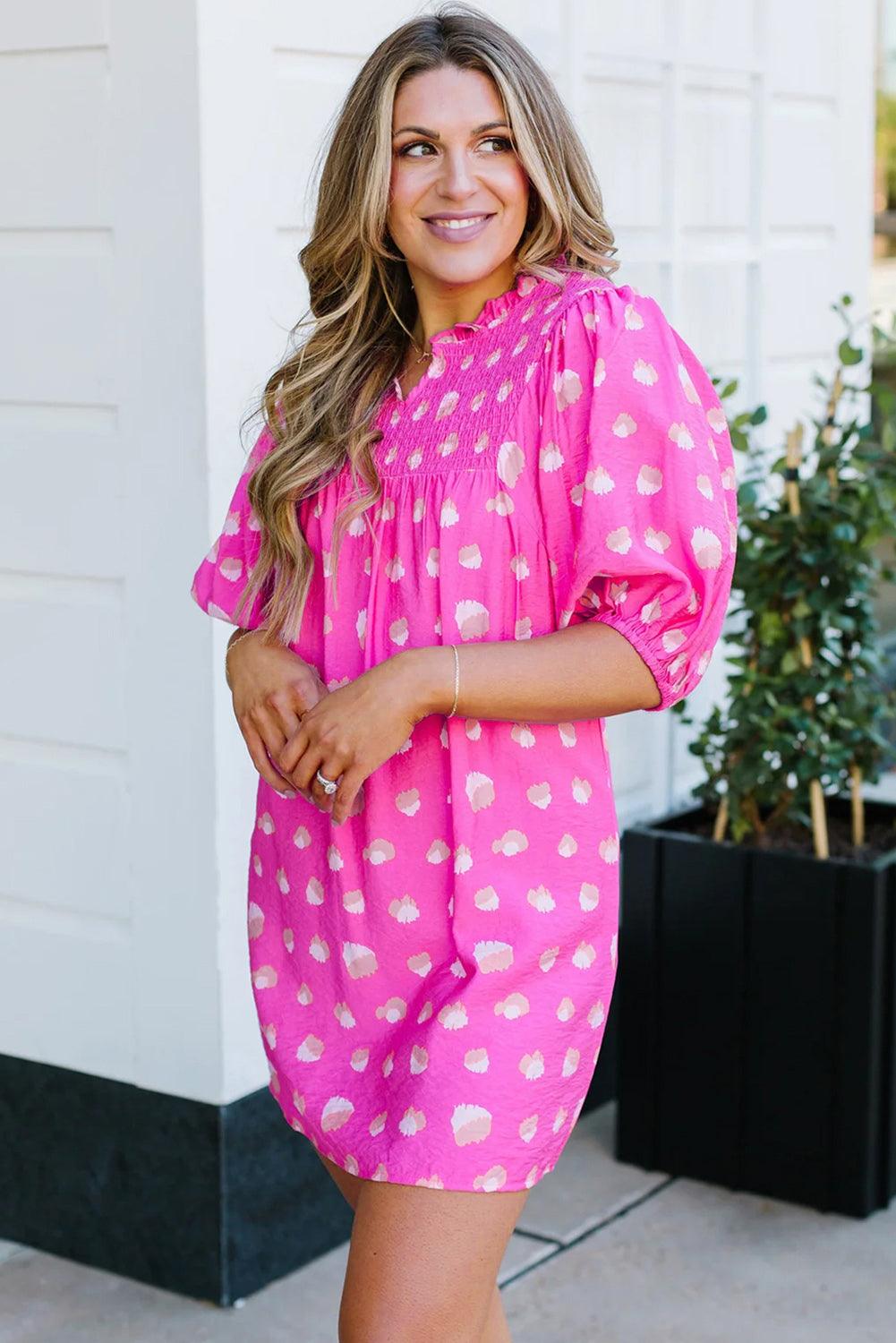 Bright Pink Printed Shirred Yoke Half Puff Sleeve Dress - L & M Kee, LLC