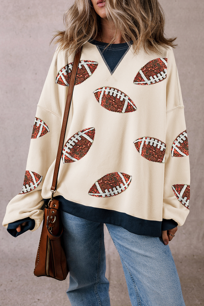 White Sequin Football Graphic Crew Colorblock Sweatshirt