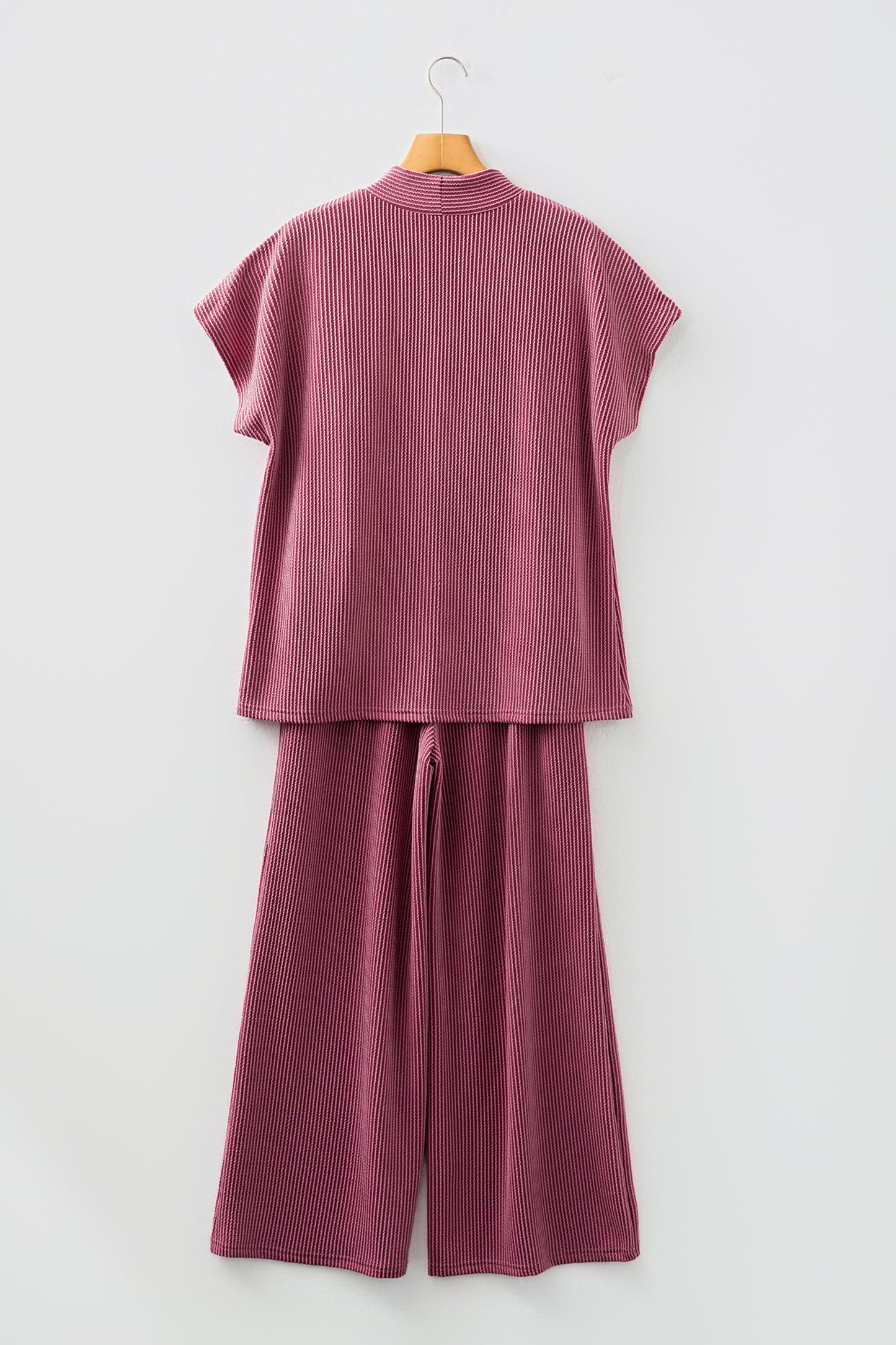 Burgundy Twisted Ribbed High Neck Loose Tee Elastic High Waist Loose Pant Set