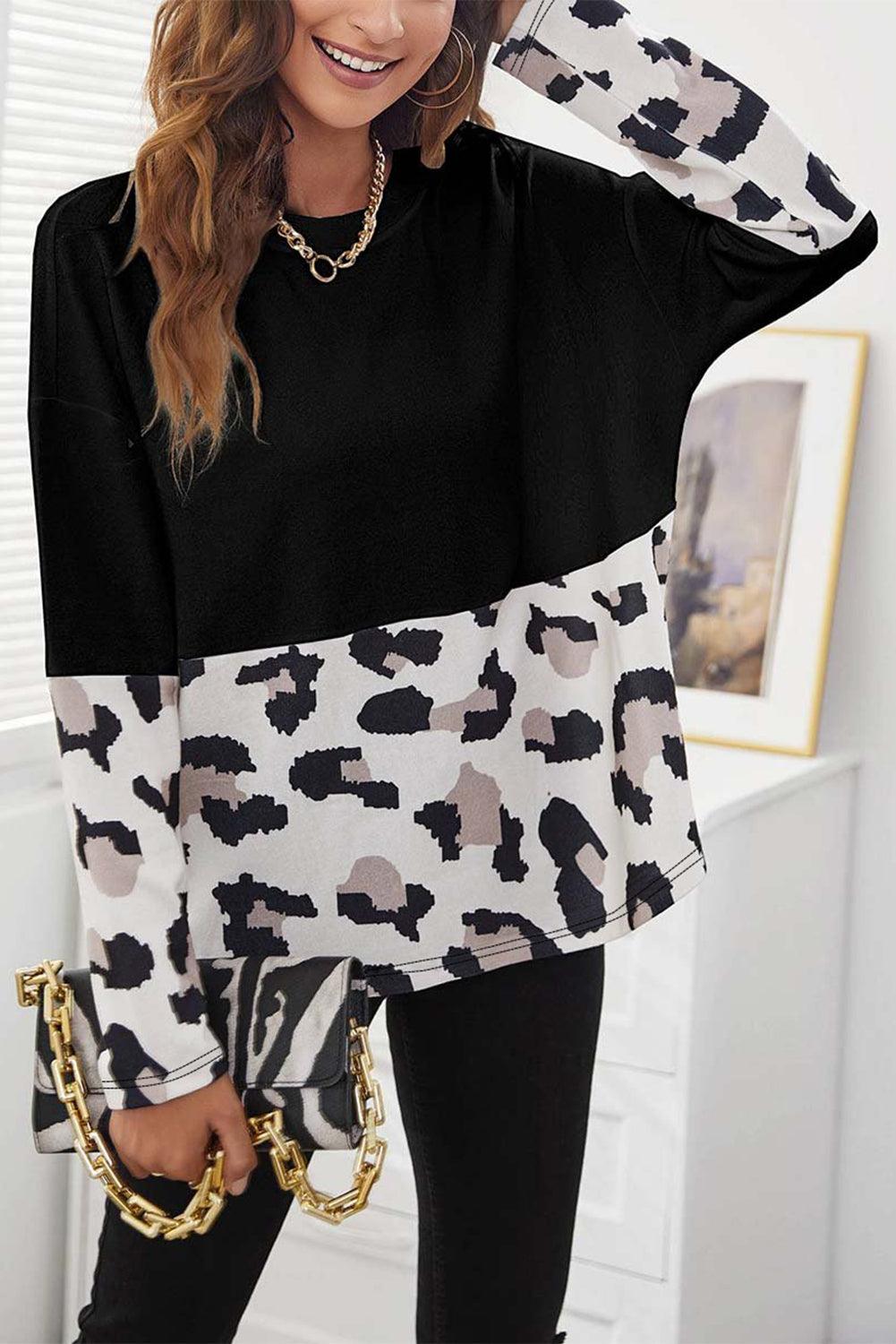 Black Leopard Color Block Long Sleeve Top - L & M Kee, LLC