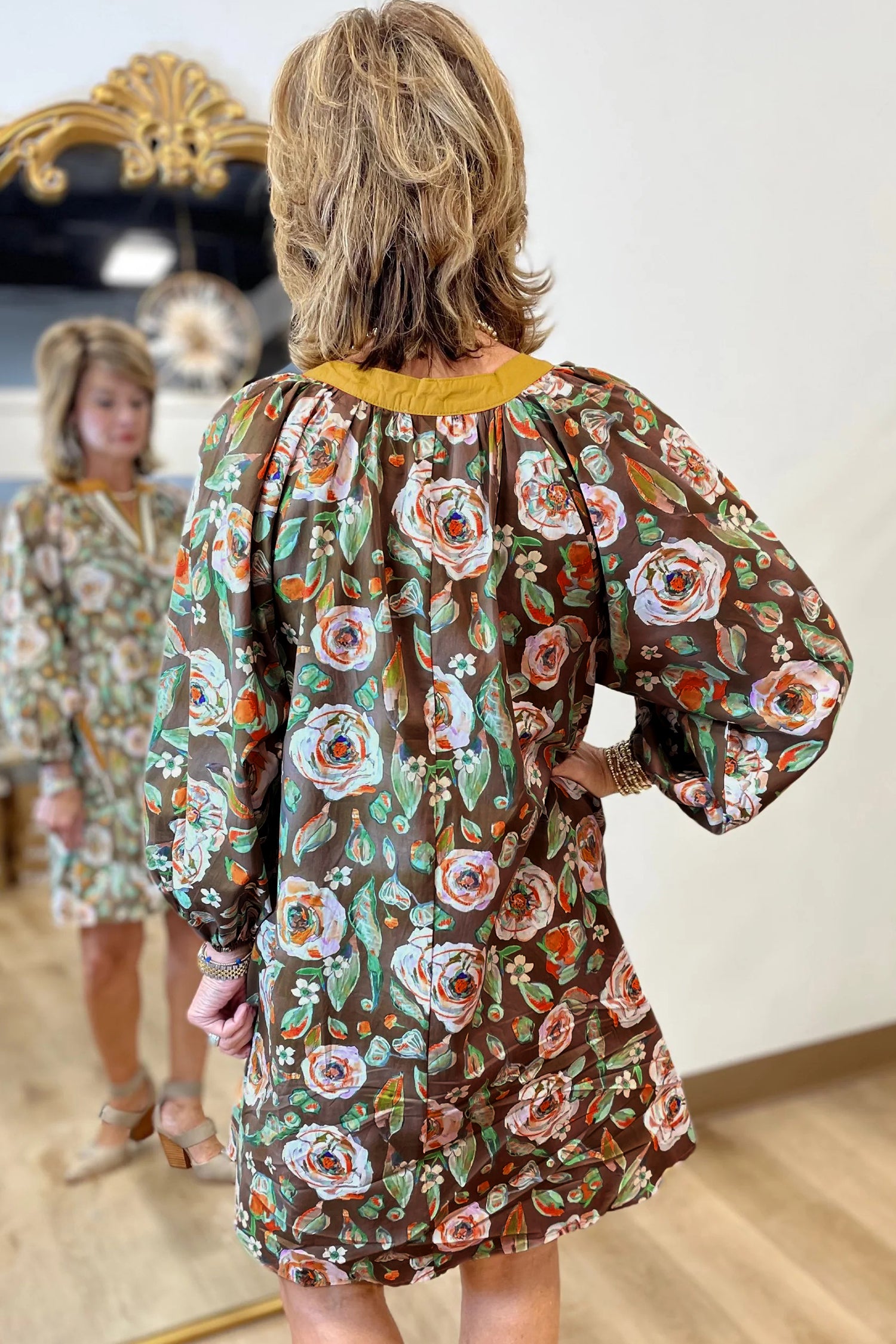 Brown Floral Print Contrast Trim V Neck Pocketed Long Sleeve Mini Dress