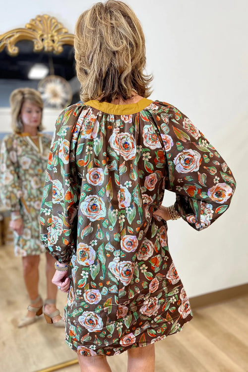 Brown Floral Print Contrast Trim V Neck Pocketed Long Sleeve Mini Dress