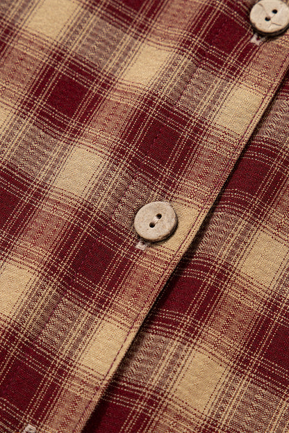 Red Plaid Print Ruffled Long Sleeve Patchwork Hem Mini Shirt Dress