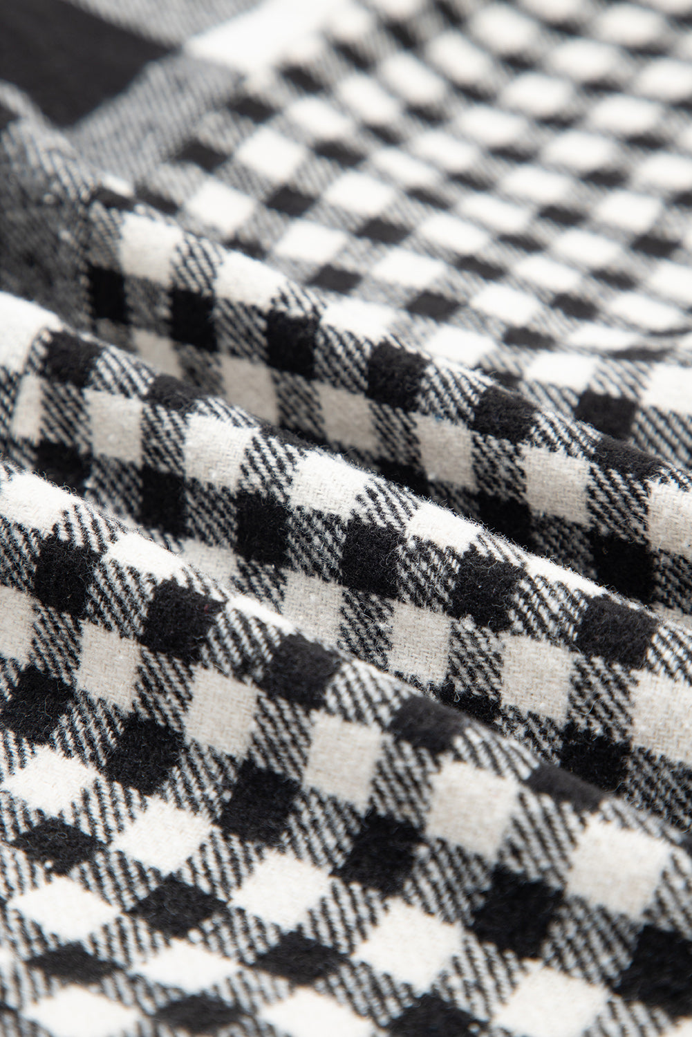 Black Double Plaid Patchwork Drawstring Hooded Shacket