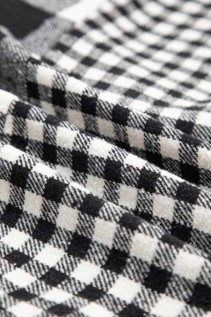 Black Double Plaid Patchwork Drawstring Hooded Shacket