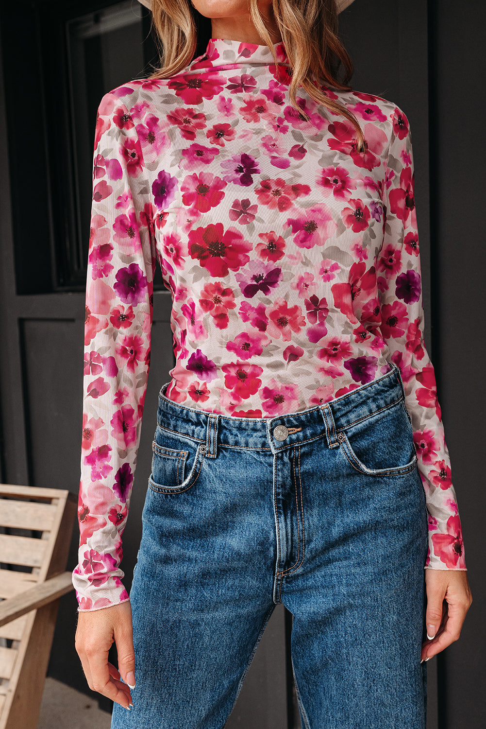 Red Floral Print Long Sleeve Slim Fit Mesh Top