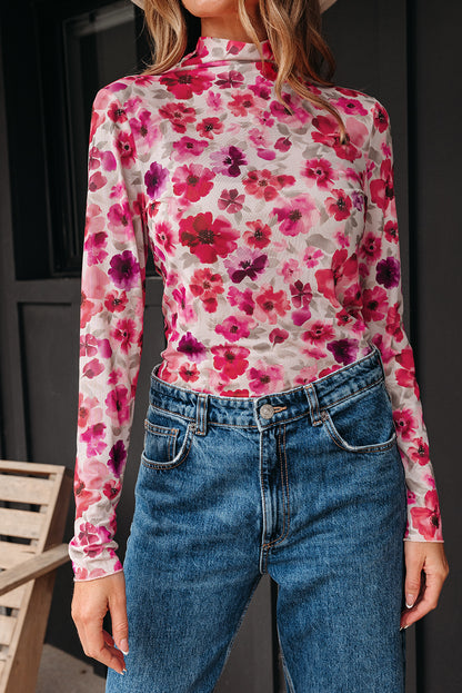 Red Floral Print Long Sleeve Slim Fit Mesh Top