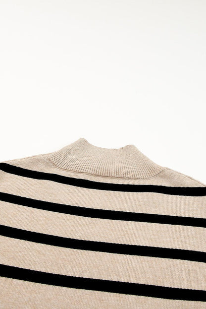 Khaki Striped Mock Neck Bell Sleeve Knit Sweater - L & M Kee, LLC