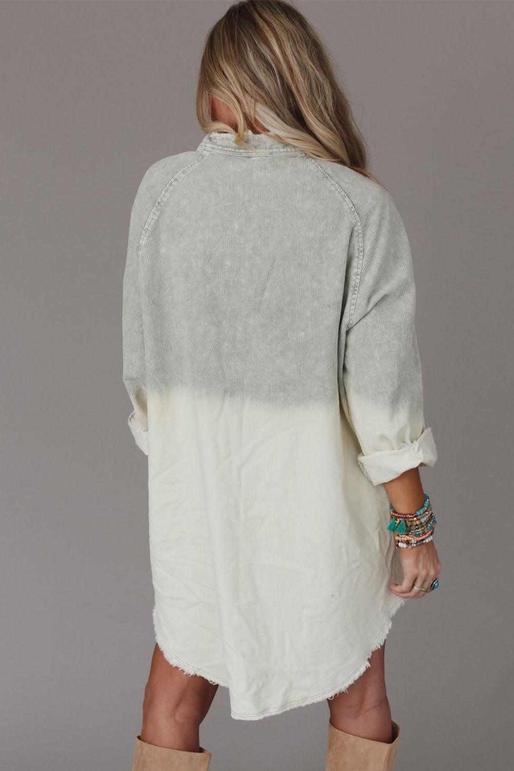 Gray Gradient Long Sleeve Button Up Raw Hem Denim Dress - L & M Kee, LLC