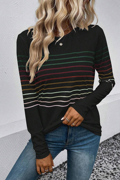 Black Multicolor Striped Crew Neck Long Sleeve Top - L & M Kee, LLC