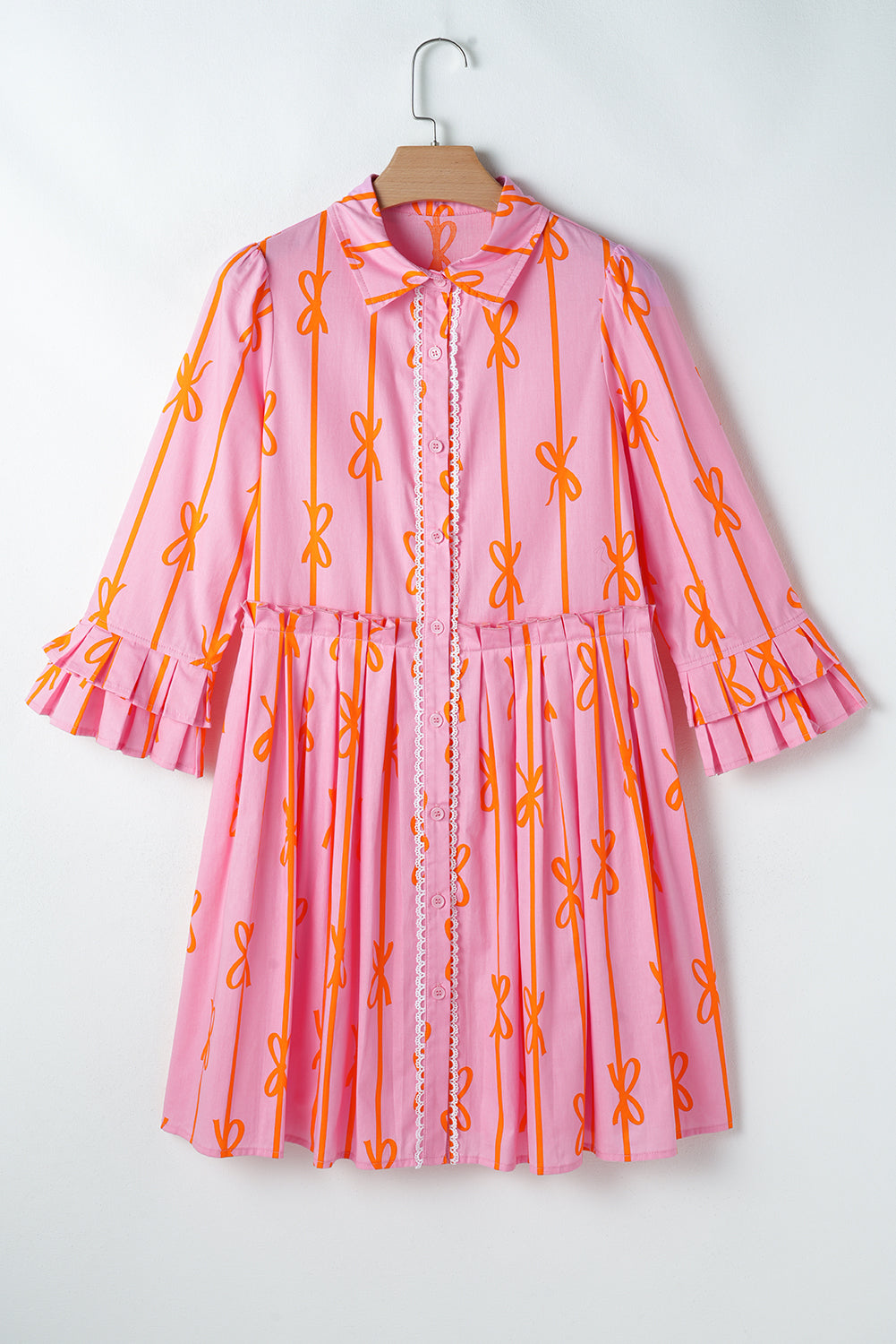 Pink Bowknot Striped Printed Tiered Ruffled Mini Shirt Dress