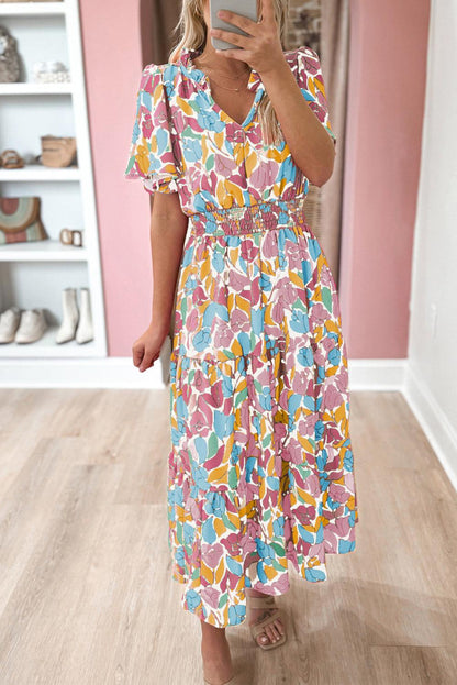 Pink Floral Short Sleeve Smocked Waist Maxi Dress - L & M Kee, LLC