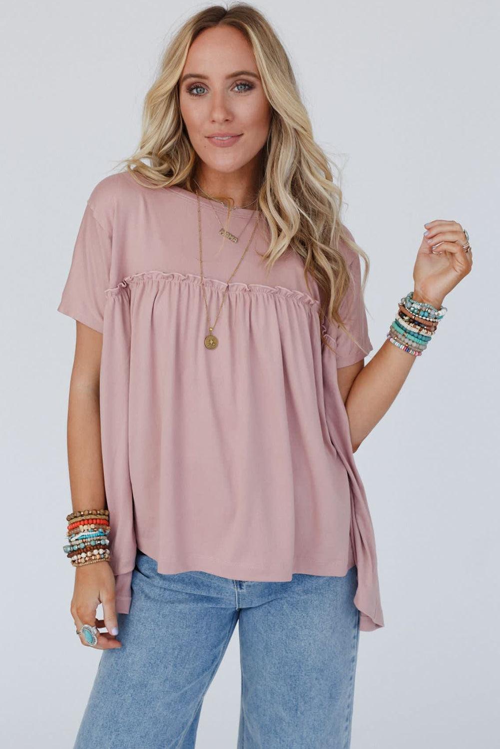 Light Pink Ruffled Trim Loose Babydoll Tee - L & M Kee, LLC