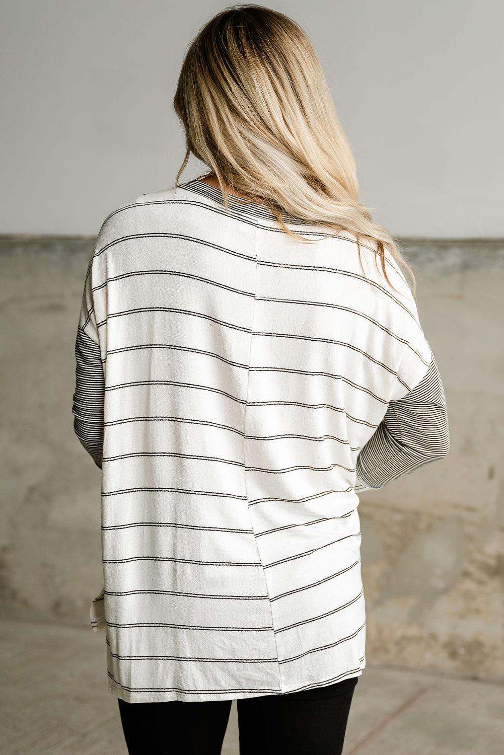 Stripe Patchwork High Low Side Slits Long Sleeve Top - L & M Kee, LLC