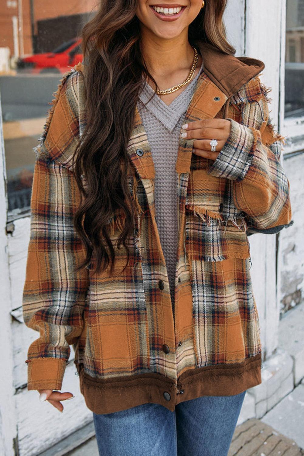 Orange Plaid Patch Hooded Frayed Snap Button Jacket - L & M Kee, LLC