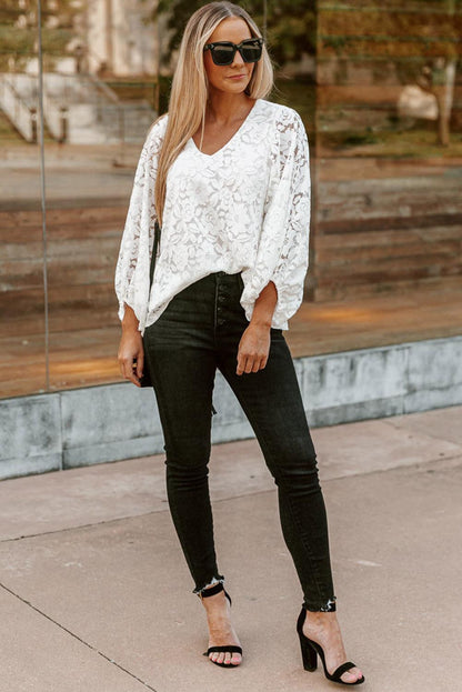 Floral Lace Crochet Loose Fit V Neck Top - L & M Kee, LLC