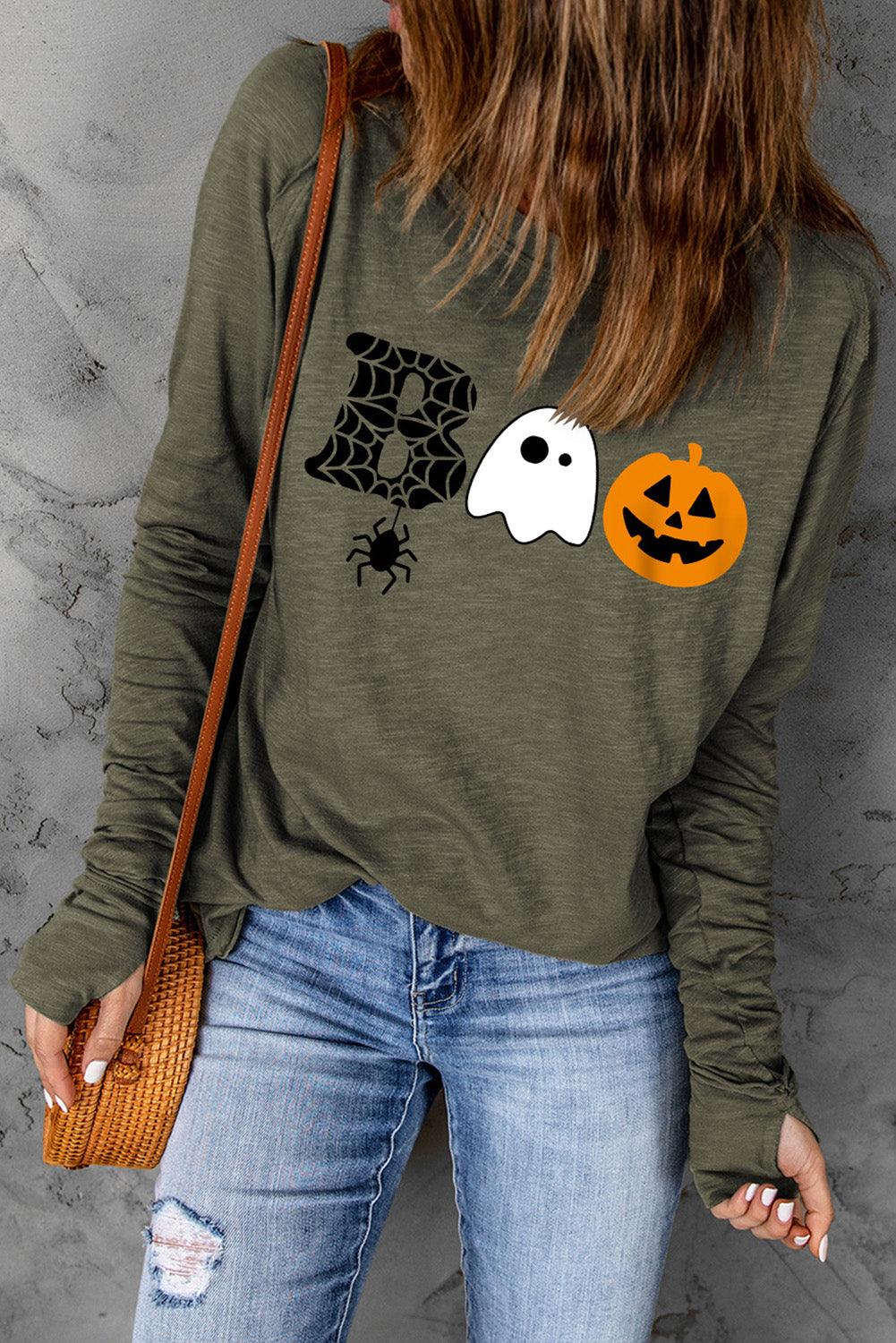 Green Halloween BOO Print Long Sleeve Graphic T Shirt - L & M Kee, LLC