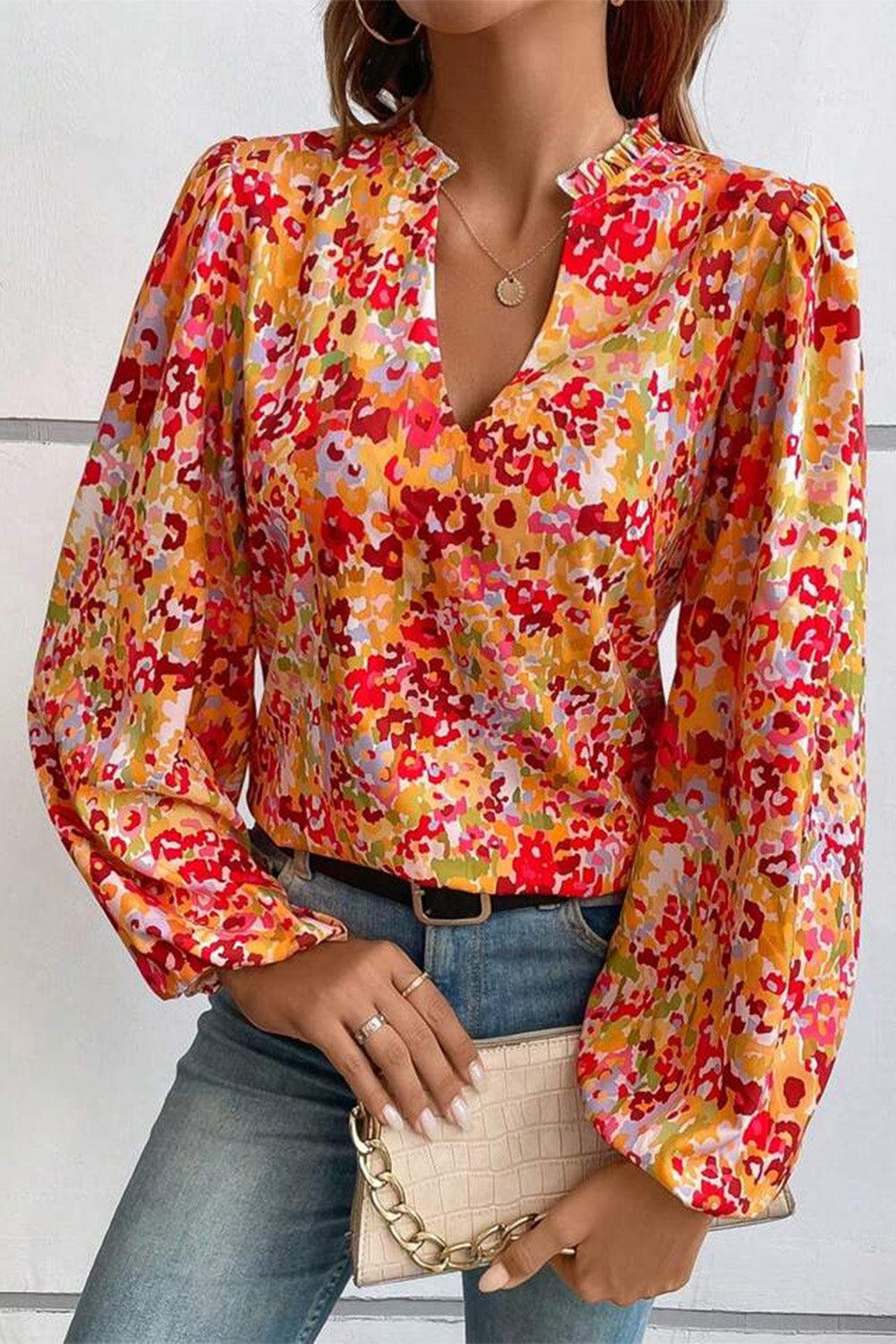 Grapefruit Orange Frilled Split Neck Bubble Sleeve Floral Blouse - L & M Kee, LLC