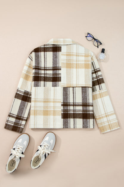 Multicolour Plaid Patchwork Side Pockets Buttoned Shacket