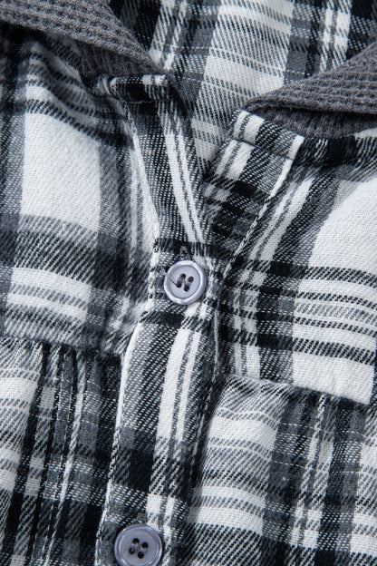 Gray Plaid Patchwork Long Sleeve Button Hooded Blouse