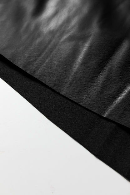 Black Faux Leather Retro Buckle Detail Pleated Stitch Flared Midi Skirt