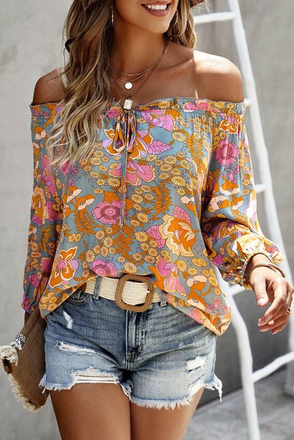 Blue Frilled Off Shoulder Floral Blouse - L & M Kee, LLC