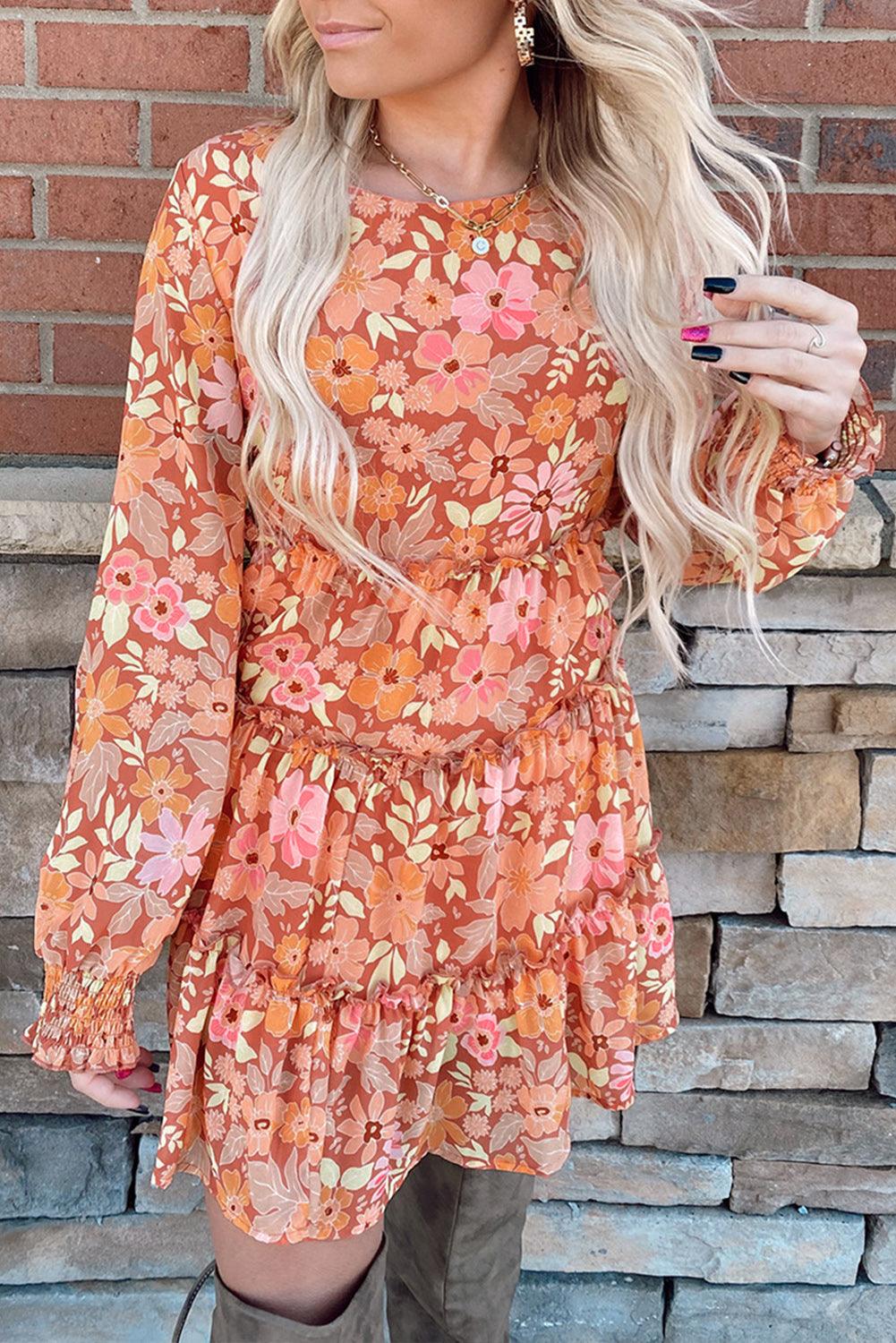 Printed Floral Long Sleeve Frill Tiered Mini Dress - L & M Kee, LLC