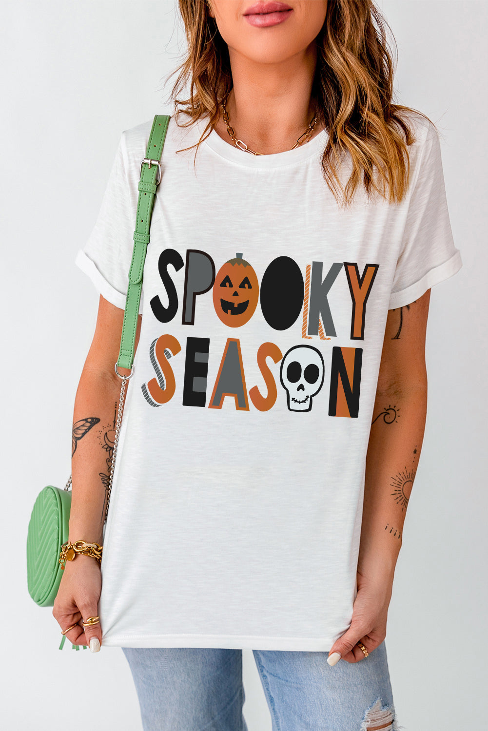 White Pumpkin Skull SPOOKY SEASON Printed Halloween T Shirt